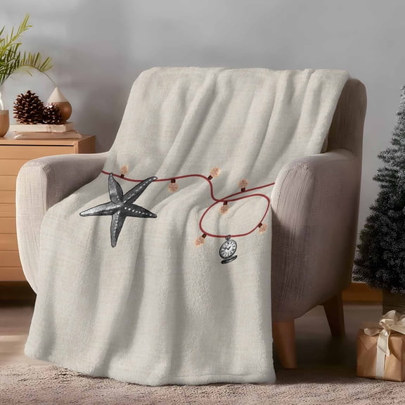Throw Blanket Fleece Throw Blanket 50x60in, Christmas Star Pocket Watch on Burlap Soft Lightweight Bed Blankets Vintage Light Balls Stripe Fuzzy Couch Blankets for All Season