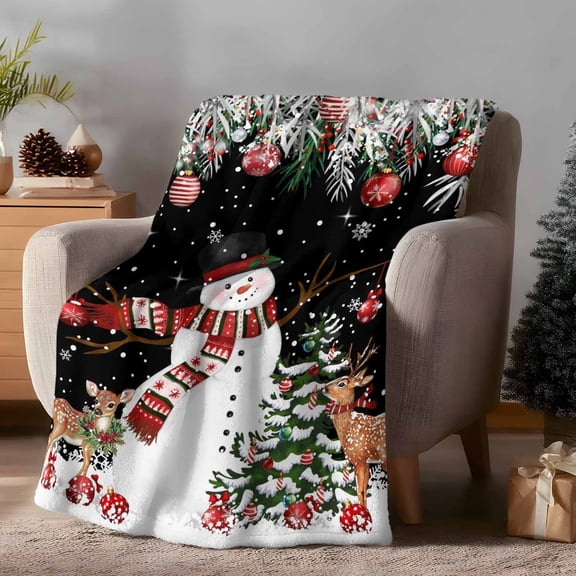 Throw Blanket Fleece Throw Blanket 50x60in, Christmas Tree Balls Soft Lightweight Bed Blankets Winter Snowman Deer on Black Fuzzy Couch Blankets for All Season