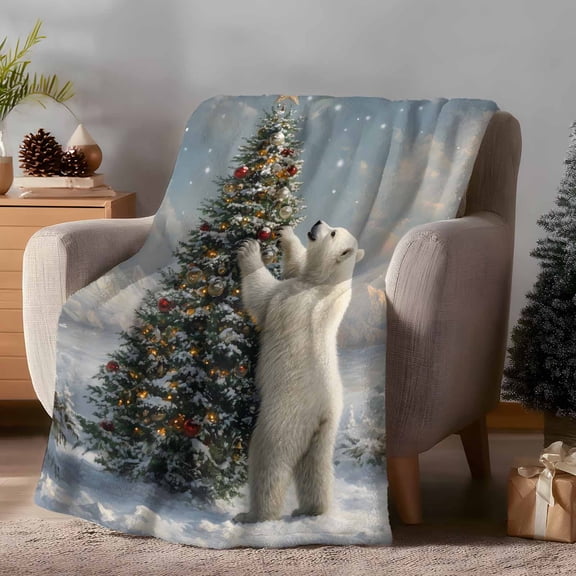 Throw Blanket Fleece Throw Blanket 50x60in, Christmas Tree Bells Polar Bear Soft Lightweight Bed Blankets Xmas Christmas Ornaments Snow Scene Fuzzy Couch Blankets for All Season