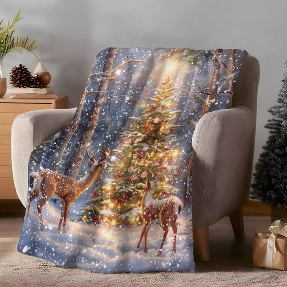 Throw Blanket Fleece Throw Blanket 50x60in, Christmas Tree Deer Snowing Forest Soft Lightweight Bed Blankets Xmas Bokeh Snowflakes Fuzzy Couch Blankets for All Season