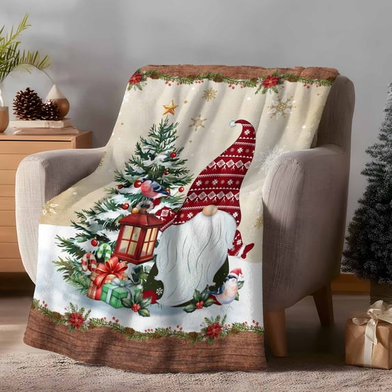 Throw Blanket Fleece Throw Blanket 50x60in, Christmas Tree Dwarf Soft Lightweight Bed Blankets Snowflake on Gold Background Fuzzy Couch Blankets for All Season
