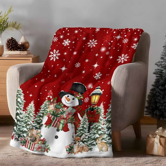 Throw Blanket Fleece Throw Blanket 50x60in, Christmas Trees Elk Rabbit Soft Lightweight Bed Blankets Winter Snowflakes on Red Fuzzy Couch Blankets for All Season