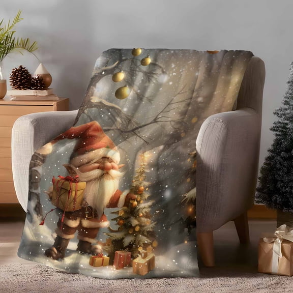 Throw Blanket Fleece Throw Blanket 50x60in, Christmas Trees Santa Gnome Bokeh Xmas Balls Soft Lightweight Bed Blankets Winter Snowy Forest Fuzzy Couch Blankets for All Season