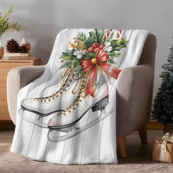 Throw Blanket Fleece Throw Blanket 50x60in, Christmas White Ice Shoes on Wood Board Soft Lightweight Bed Blankets Pine Needles Fuzzy Couch Blankets for All Season