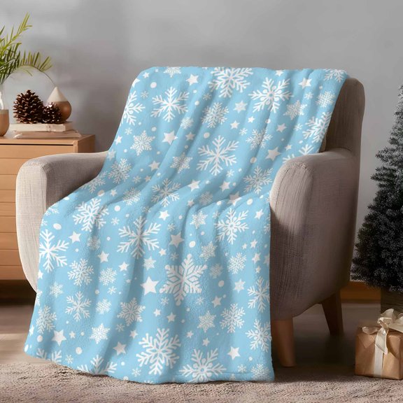 Throw Blanket Fleece Throw Blanket 50x60in, Christmas Winter Snowflakes Soft Lightweight Bed Blankets Blue and White Fuzzy Couch Blankets for All Season