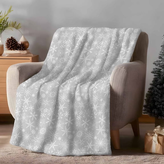 Throw Blanket Fleece Throw Blanket 50x60in, Christmas Winter Snowflakes Soft Lightweight Bed Blankets Gray and White Fuzzy Couch Blankets for All Season