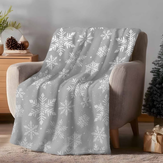 Throw Blanket Fleece Throw Blanket 50x60in, Christmas Winter Snowflakes Soft Lightweight Bed Blankets White Snow on Gray Fuzzy Couch Blankets for All Season