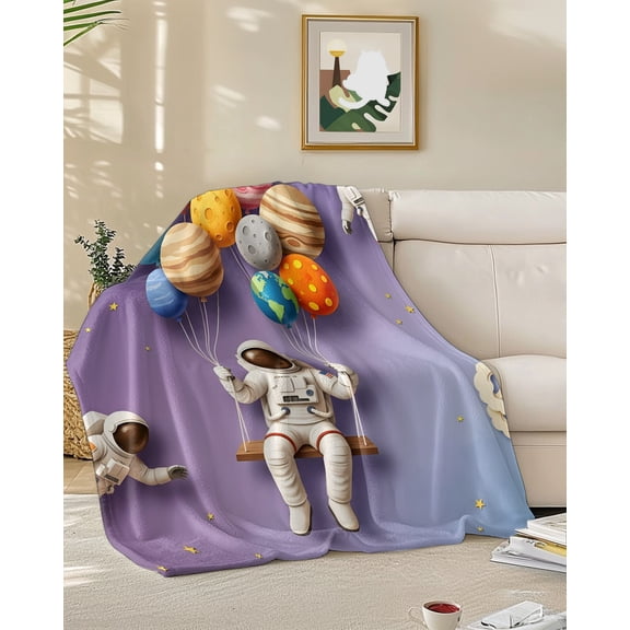 Throw Blanket Fleece Throw Blanket 50x60in, Cosmonaut Planet Balloon Space Shuttle Soft Lightweight Bed Blankets Cartoon Outer Space Star Fuzzy Couch Blankets for All Season