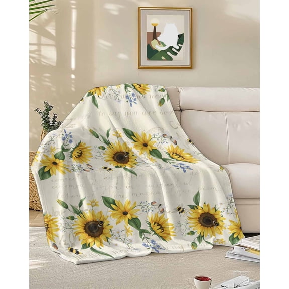 Throw Blanket Fleece Throw Blanket 50x60in, Country Sunflower Floral Watercolor Soft Lightweight Bed Blankets Vintage Letter Fuzzy Couch Blankets for All Season
