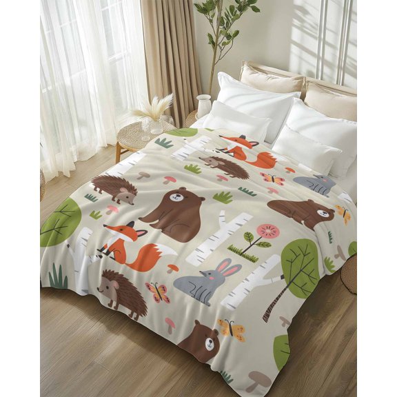 Throw Blanket Fleece Throw Blanket 50x60in, Cute Bear Hedgehog Fox Soft Lightweight Bed Blankets Cartoon Tree Wild Flower Fuzzy Couch Blankets for All Season
