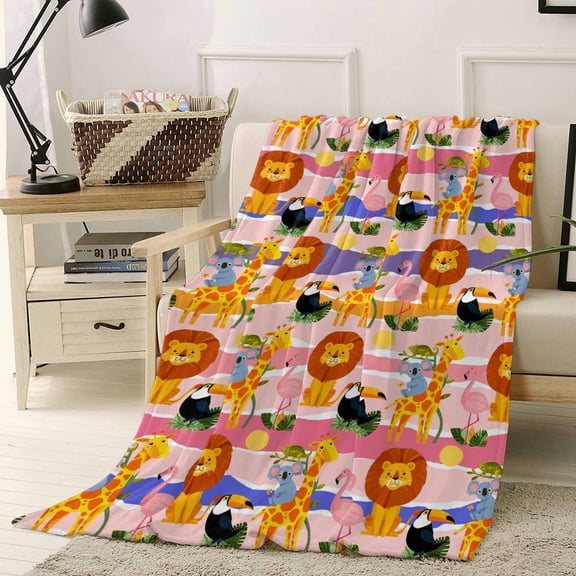 Throw Blanket Fleece Throw Blanket 50x60in, Cute Cartoon Lion Giraffe Flamingo Soft Lightweight Bed Blankets Animal Koala Bird Pink Stripe Fuzzy Couch Blankets for All Season