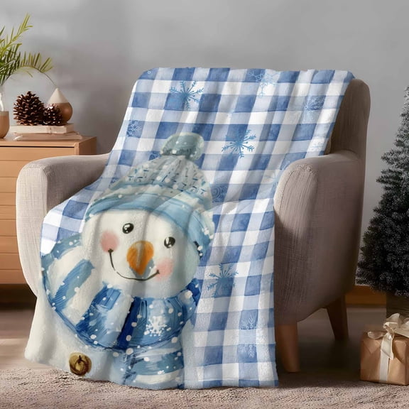 Throw Blanket Fleece Throw Blanket 50x60in, Cute Snowman Christmas Snowflakes Soft Lightweight Bed Blankets Blue Gingham Check Fuzzy Couch Blankets for All Season