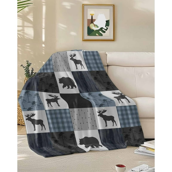 Throw Blanket Fleece Throw Blanket 50x60in, Deer Bear Retro Grey Plaid Soft Lightweight Bed Blankets Forest Animal Shadow Fuzzy Couch Blankets for All Season