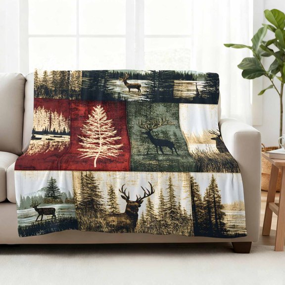 Throw Blanket Fleece Throw Blanket 50x60in, Deer Forest Tree Shadows Soft Lightweight Bed Blankets Collage Style Fuzzy Couch Blankets for All Season
