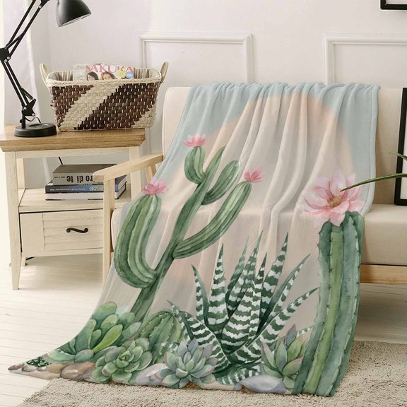 Throw Blanket Fleece Throw Blanket 50x60in, Desert Cactus Tropical Plant Soft Lightweight Bed Blankets Gradient Green Leaves Flower Fuzzy Couch Blankets for All Season