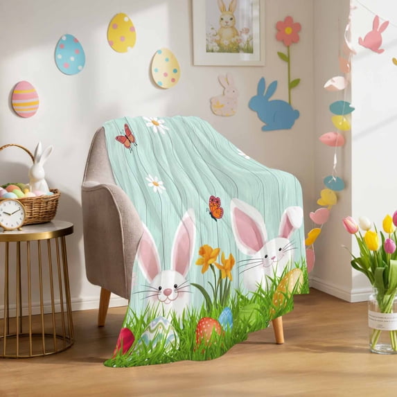 Throw Blanket Fleece Throw Blanket 50x60in, Easter Cute Rabbits Butterfly Soft Lightweight Bed Blankets Watercolor Eggs Daisy Fuzzy Couch Blankets for All Season