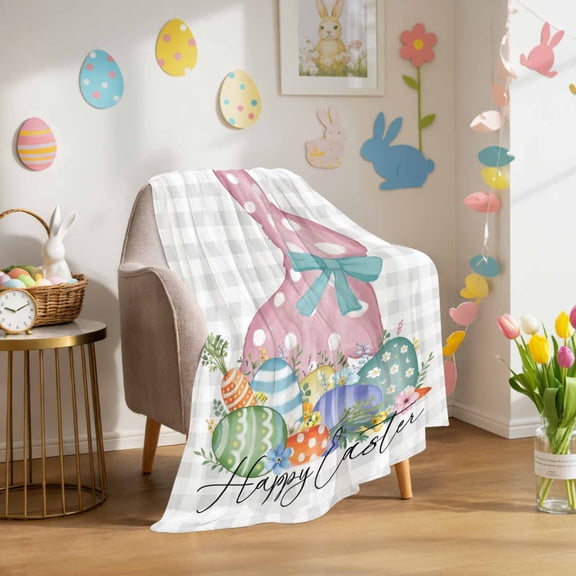 Throw Blanket Fleece Throw Blanket 50x60in, Easter Egg Bunny Gray Plaid Soft Lightweight Bed Blankets Farmhouse Pink Polka Dot Rabbit Fuzzy Couch Blankets for All Season