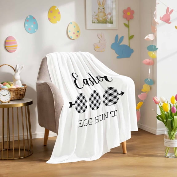 Throw Blanket Fleece Throw Blanket 50x60in, Easter Eggs Black White Buffalo Check Soft Lightweight Bed Blankets Simply White Back Fuzzy Couch Blankets for All Season