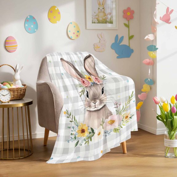 Throw Blanket Fleece Throw Blanket 50x60in, Easter Rabbit Spring Colorful Flower Leaf Soft Lightweight Bed Blankets Gray White Check Plaid Fuzzy Couch Blankets for All Season