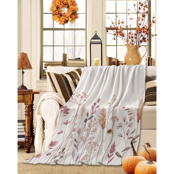 Throw Blanket Fleece Throw Blanket 50x60in, Fall Flower Farm Wheat Thanksgiving Harvest Soft Lightweight Bed Blankets Pastoral Plant Seamless Fuzzy Couch Blankets for All Season