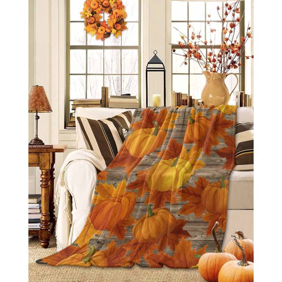 Throw Blanket Fleece Throw Blanket 50x60in, Fall Orange Pumpkin Maple Leaves Soft Lightweight Bed Blankets Thanksgiving Farm Wood Barn Fuzzy Couch Blankets for All Season