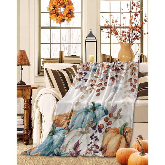 Throw Blanket Fleece Throw Blanket 50x60in, Fall Thanksgiving Pumpkin Orange Eucalyptus Leaf Soft Lightweight Bed Blankets Autumn Fallen Leaves Fuzzy Couch Blankets for All Season
