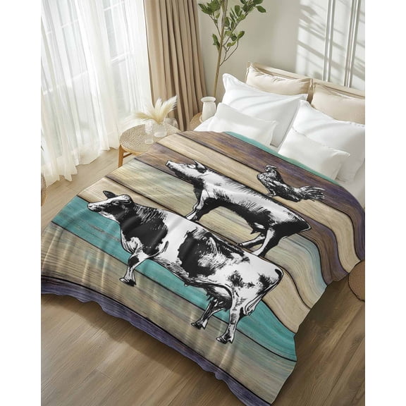 Throw Blanket Fleece Throw Blanket 50x60in, Farm Cow Pig Chicken Soft Lightweight Bed Blankets Farmhouse Animal Vintage Wood Board Fuzzy Couch Blankets for All Season