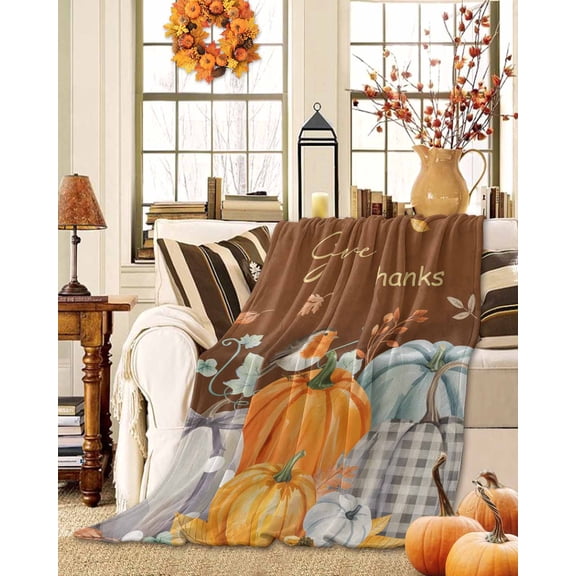 Throw Blanket Fleece Throw Blanket 50x60in, Farm Pumpkin Harvest Fall Thanksgiving Soft Lightweight Bed Blankets Bird Maple Leaf Retro Brown Fuzzy Couch Blankets for All Season