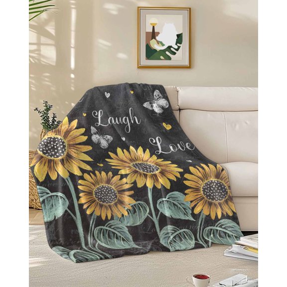 Throw Blanket Fleece Throw Blanket 50x60in, Farm Sunflower Butterfly Plant Soft Lightweight Bed Blankets Vintage Gray Chalk Drawing Art Fuzzy Couch Blankets for All Season