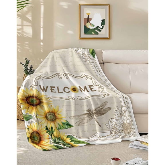 Throw Blanket Fleece Throw Blanket 50x60in, Farm Sunflowers Leaves Dragonflies Soft Lightweight Bed Blankets Retro Welcome Quote Fuzzy Couch Blankets for All Season
