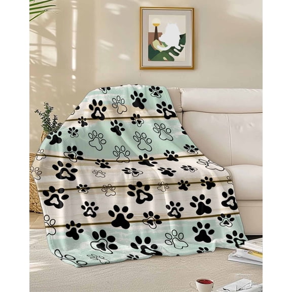 Throw Blanket Fleece Throw Blanket 50x60in, Farm Wood Board Dog Paw Soft Lightweight Bed Blankets Cute Animal Footprint Fuzzy Couch Blankets for All Season