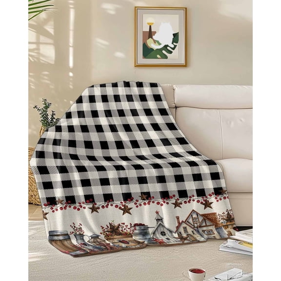 Throw Blanket Fleece Throw Blanket 50x60in, Farm Wooden House Black Buffalo Plaid Soft Lightweight Bed Blankets Western Star Fuzzy Couch Blankets for All Season