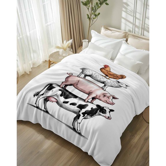 Throw Blanket Fleece Throw Blanket 50x60in, Farmhouse Animal Pig Cow Chicken Soft Lightweight Bed Blankets Country Sheep on White Fuzzy Couch Blankets for All Season