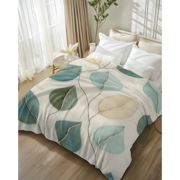 Throw Blanket Fleece Throw Blanket 50x60in, Farmhouse Teal Green Leaf Soft Lightweight Bed Blankets Vintage Watercolor Leaves Fuzzy Couch Blankets for All Season