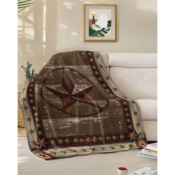 Throw Blanket Fleece Throw Blanket 50x60in, Farmhouse Vintage Country Star Soft Lightweight Bed Blankets Rustic Shabby Wooden Plank Fuzzy Couch Blankets for All Season