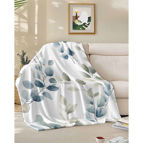 Throw Blanket Fleece Throw Blanket 50x60in, Farmhouse Watercolor Eucalyptus Leaves Soft Lightweight Bed Blankets Blue Green Plants Fuzzy Couch Blankets for All Season