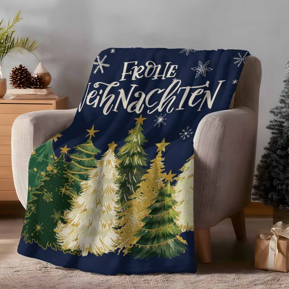 Throw Blanket Fleece Throw Blanket 50x60in, Frohe Weihnachten on Blue Soft Lightweight Bed Blankets Watercolor Christmas Trees Fuzzy Couch Blankets for All Season