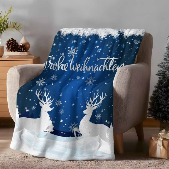 Throw Blanket Fleece Throw Blanket 50x60in, Frohe Weihnachten Words on Blue Soft Lightweight Bed Blankets Snowflakes Elk Fuzzy Couch Blankets for All Season