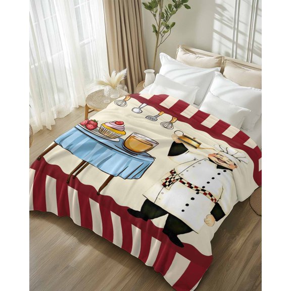 Throw Blanket Fleece Throw Blanket 50x60in, Fun Chef Cutlery Gourmet Soft Lightweight Bed Blankets Red Stripe Fuzzy Couch Blankets for All Season