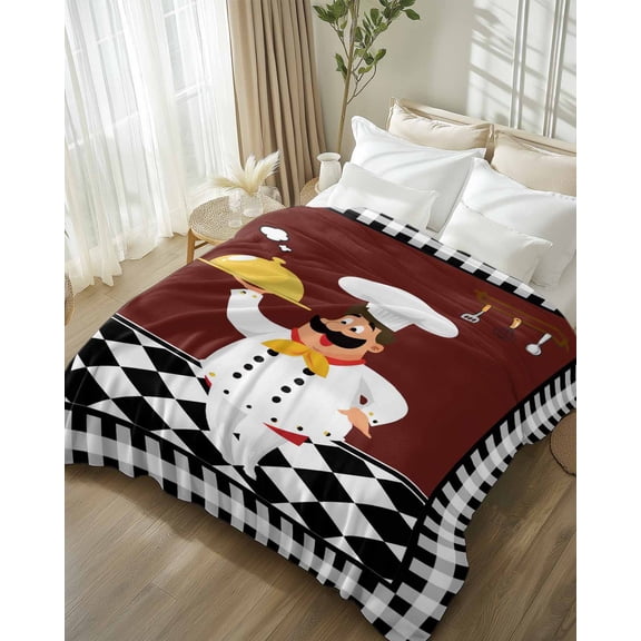 Throw Blanket Fleece Throw Blanket 50x60in, Funny Chef Food Cutlery Soft Lightweight Bed Blankets Black White Plaid Dark Maroon Fuzzy Couch Blankets for All Season