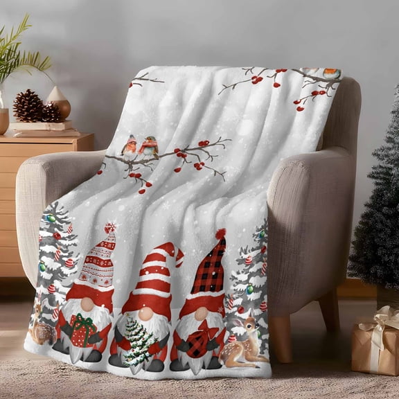 Throw Blanket Fleece Throw Blanket 50x60in, Gnome Reindeer Xmas Ball Bird Soft Lightweight Bed Blankets Winter Berry Pine Tree on Gray Fuzzy Couch Blankets for All Season