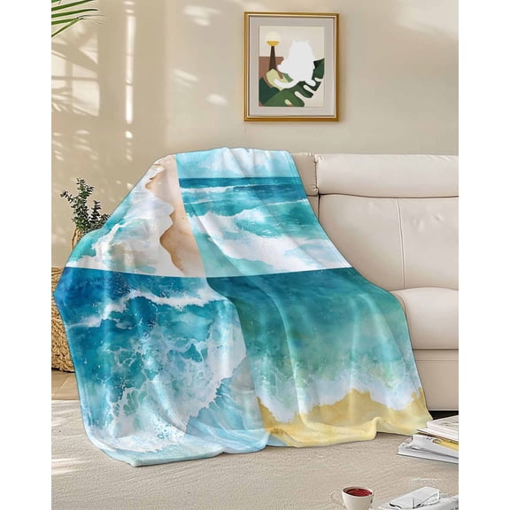 Throw Blanket Fleece Throw Blanket 50x60in, Gradient Ocean Beach Waves Soft Lightweight Bed Blankets Splicing Patterns Seamless Fuzzy Couch Blankets for All Season
