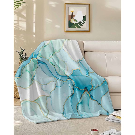 Throw Blanket Fleece Throw Blanket 50x60in, Gradient Teal Marble Texture Soft Lightweight Bed Blankets Abstract Watercolor Geometric Fuzzy Couch Blankets for All Season