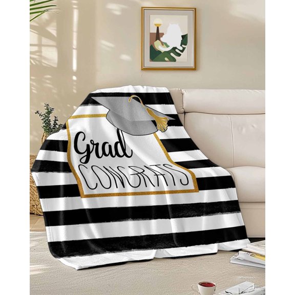 Throw Blanket Fleece Throw Blanket 50x60in, Graduation Hat Golden Lines Border Soft Lightweight Bed Blankets Black White Stripe Fuzzy Couch Blankets for All Season