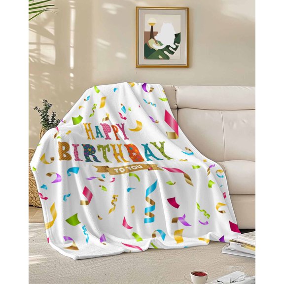 Throw Blanket Fleece Throw Blanket 50x60in, Happy Birthday Colorful Ribbons Soft Lightweight Bed Blankets Celebration Fuzzy Couch Blankets for All Season