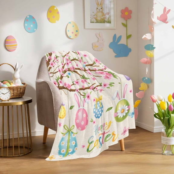 Throw Blanket Fleece Throw Blanket 50x60in, Happy Easter Colorful Egg Burlap Soft Lightweight Bed Blankets Pink Floral Tree Butterfly Fuzzy Couch Blankets for All Season