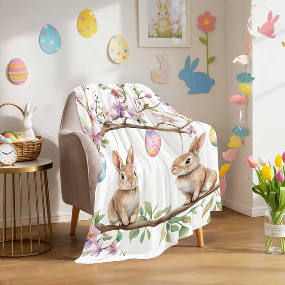 Throw Blanket Fleece Throw Blanket 50x60in, Happy Easter Cute Rabbit Eggs Soft Lightweight Bed Blankets Spring Flower Tree Branch Fuzzy Couch Blankets for All Season