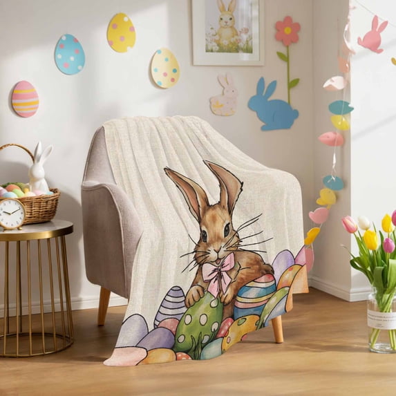 Throw Blanket Fleece Throw Blanket 50x60in, Happy Easter Watercolor Cute Rabbit Soft Lightweight Bed Blankets Colorful Eggs on Linen Fuzzy Couch Blankets for All Season