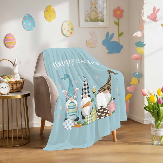 Throw Blanket Fleece Throw Blanket 50x60in, Happy Easter Words Gnomes Soft Lightweight Bed Blankets Wantercolor Eggs Fuzzy Couch Blankets for All Season