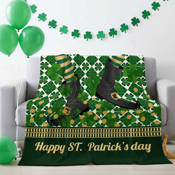 Throw Blanket Fleece Throw Blanket 50x60in, Happy St. Patrick's Day Soft Lightweight Bed Blankets Four-leaf Gold Coin Fuzzy Couch Blankets for All Season
